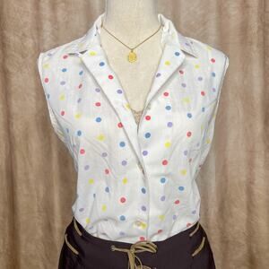 Vintage 90s Multicolor Polka Dot Sleeveless Top Shirt Button Up Retro Summer